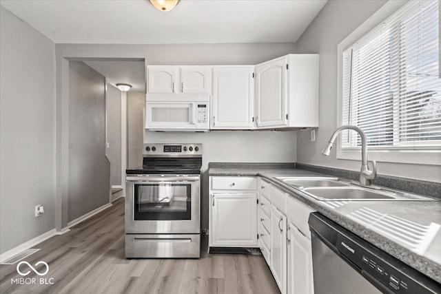 kitchen featuring light hardwood / wood-style floors, stainless steel appliances, sink, and white cabinets