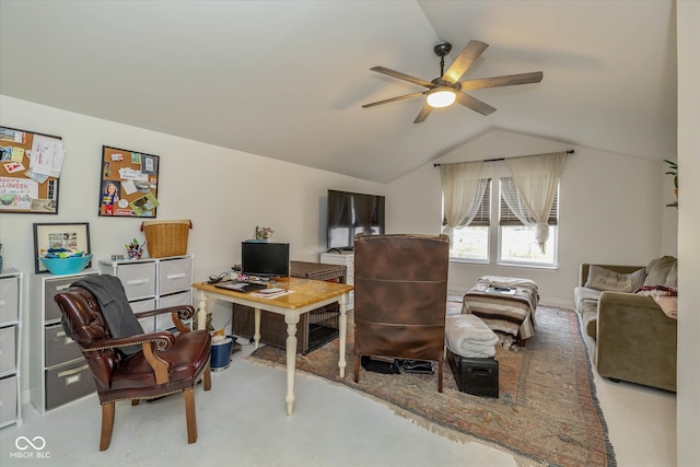 home office with lofted ceiling and ceiling fan