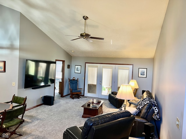 carpeted living room featuring french doors, high vaulted ceiling, and ceiling fan