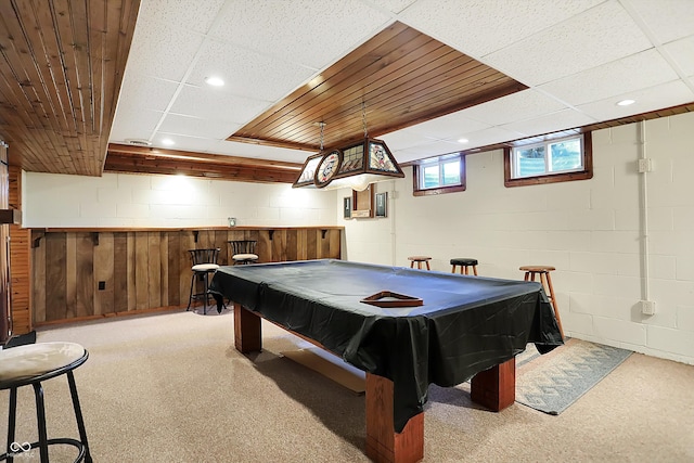 playroom featuring billiards and a drop ceiling