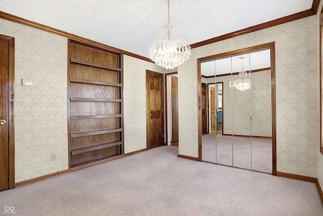 unfurnished bedroom featuring light colored carpet, a closet, and crown molding