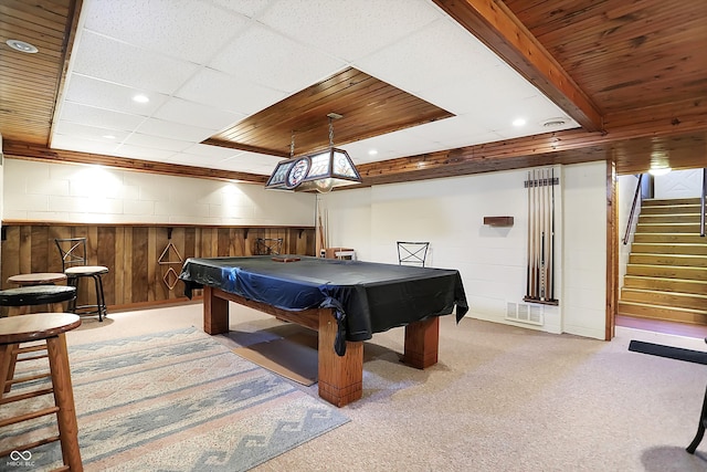 game room with pool table and light carpet