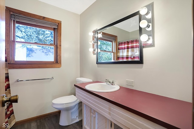 bathroom featuring plenty of natural light, vanity, toilet, and wood-type flooring