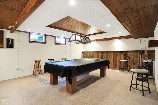 playroom with light colored carpet and billiards