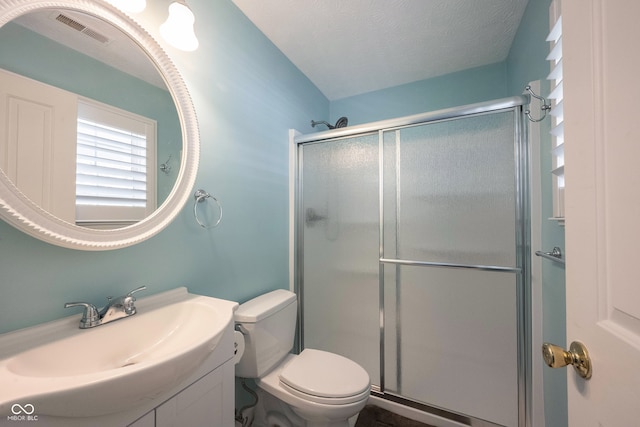 bathroom featuring vanity, a textured ceiling, toilet, and a shower with door