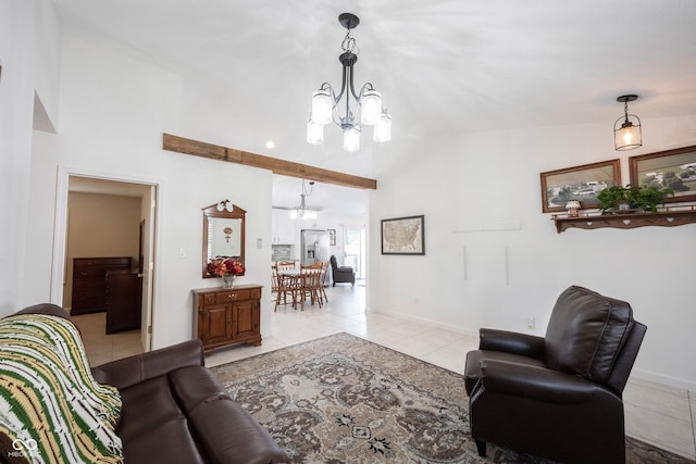 living room featuring a chandelier, vaulted ceiling, and light tile patterned floors