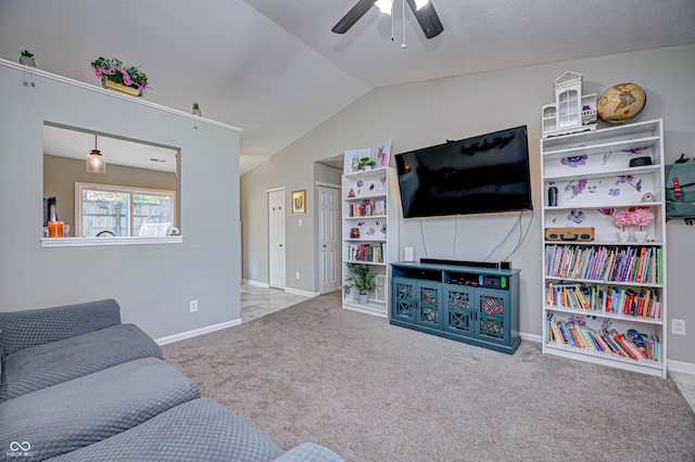 carpeted living room with lofted ceiling and ceiling fan