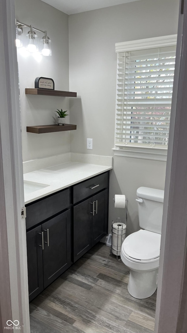 bathroom with toilet, vanity, and wood-type flooring