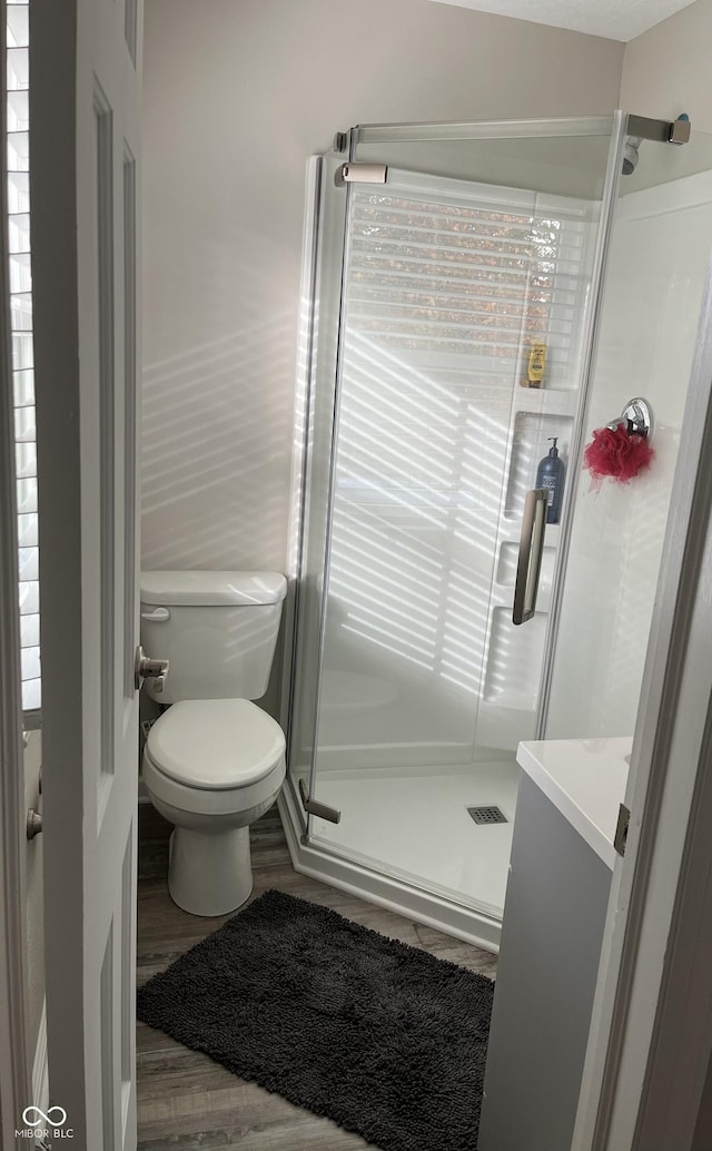 bathroom featuring toilet, vanity, a shower with door, and hardwood / wood-style flooring