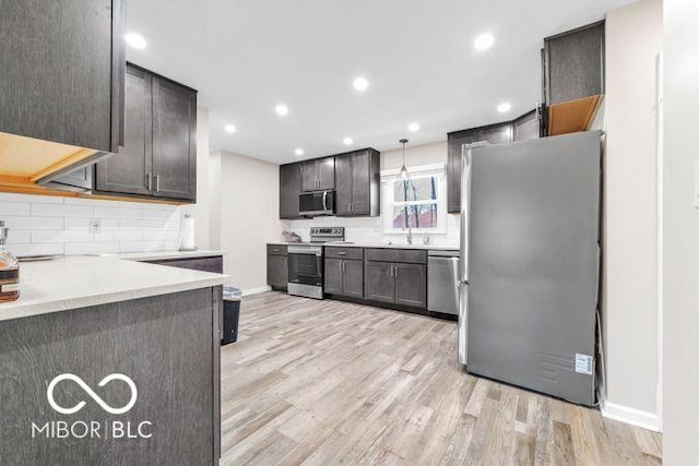 kitchen with appliances with stainless steel finishes, light wood-type flooring, a sink, and decorative backsplash