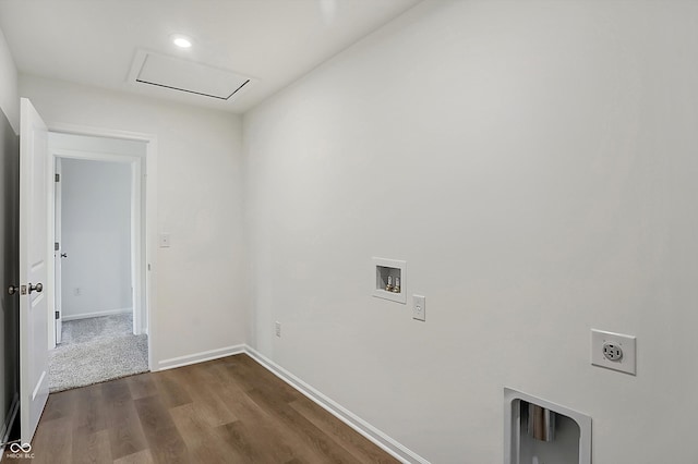 laundry area with electric dryer hookup, washer hookup, and dark hardwood / wood-style floors