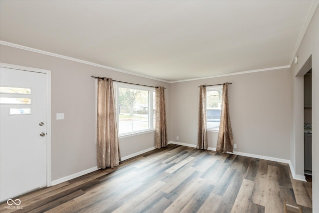 foyer featuring ornamental molding and hardwood / wood-style floors