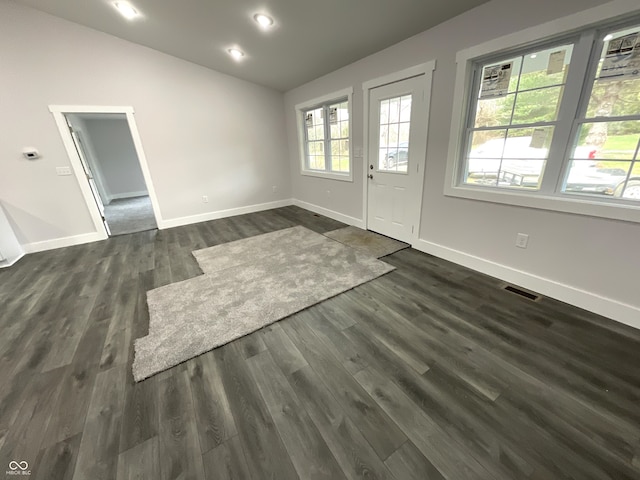 foyer with dark wood-type flooring and lofted ceiling