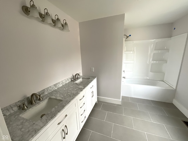 bathroom with tile patterned floors, vanity, and  shower combination