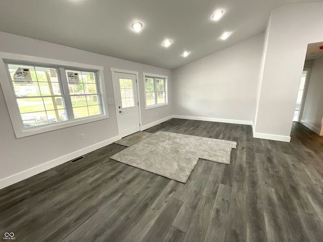 interior space with dark wood-type flooring and lofted ceiling