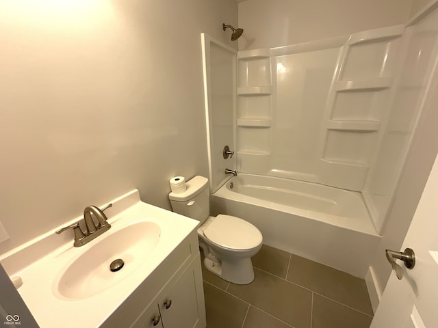 full bathroom with shower / bathtub combination, tile patterned floors, toilet, and vanity