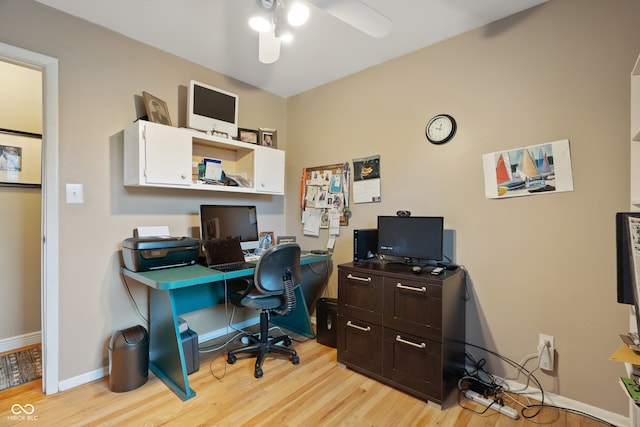 office featuring ceiling fan and light wood-type flooring