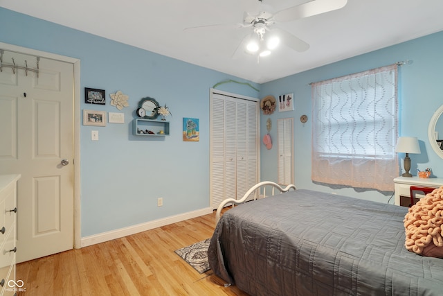 bedroom with ceiling fan and light hardwood / wood-style flooring