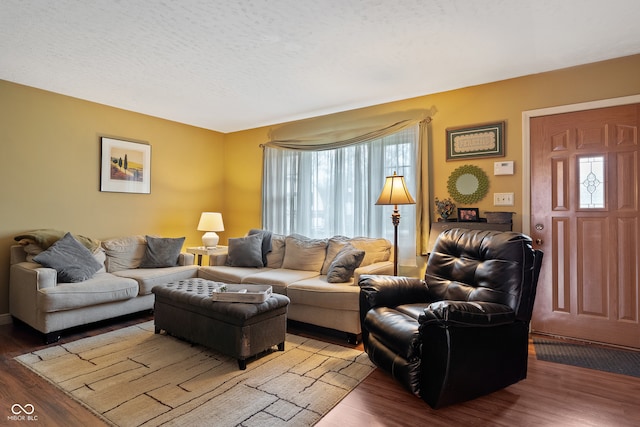 living room featuring a textured ceiling and hardwood / wood-style flooring