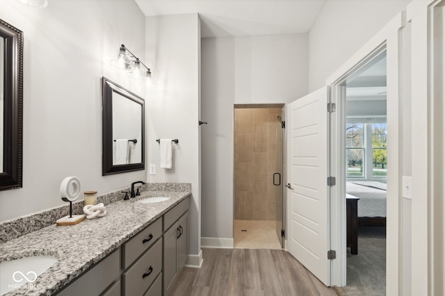 bathroom featuring hardwood / wood-style floors, an enclosed shower, and vanity