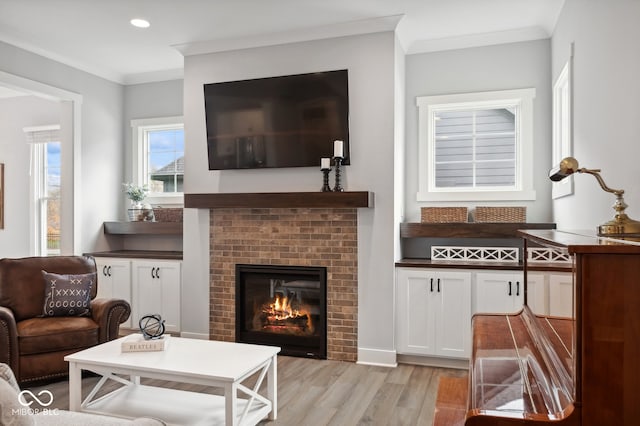 living room with a fireplace, light hardwood / wood-style floors, and crown molding