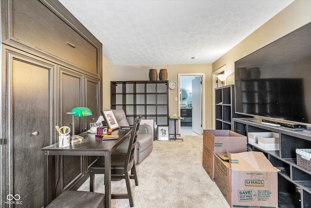 office featuring a textured ceiling and light colored carpet