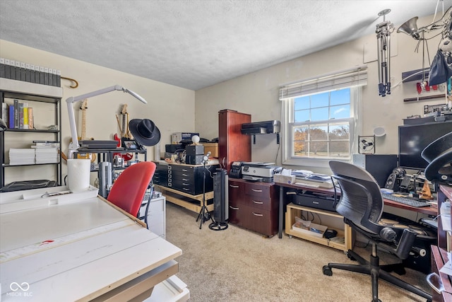 carpeted home office with a textured ceiling