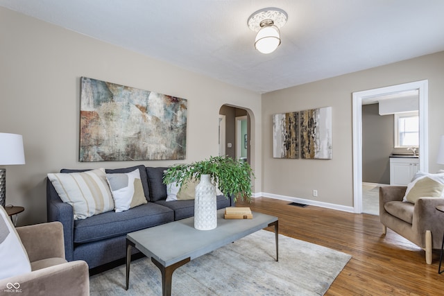 living room featuring hardwood / wood-style floors and sink