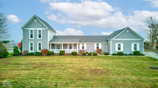 view of front of property with a porch and a front lawn