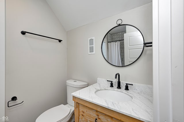 bathroom with vanity, lofted ceiling, and toilet