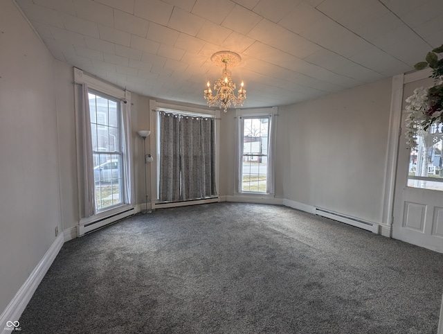 unfurnished room with baseboard heating, carpet floors, and a chandelier