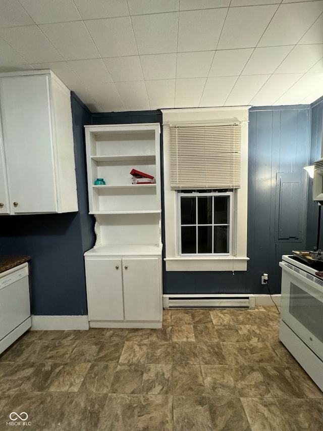 kitchen featuring baseboard heating, white cabinetry, and white appliances