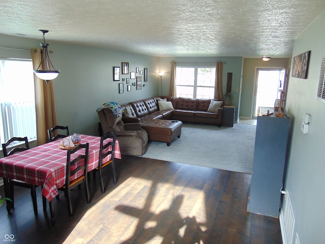 living room featuring a textured ceiling and dark hardwood / wood-style flooring