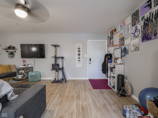 living room with light hardwood / wood-style flooring and ceiling fan