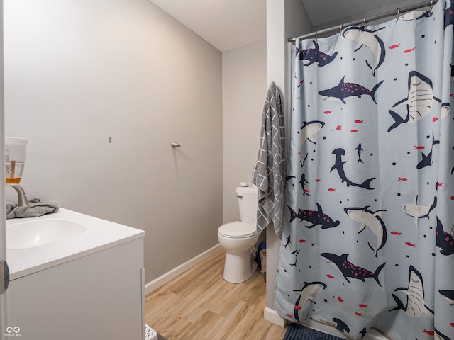 bathroom with walk in shower, wood-type flooring, toilet, and vanity