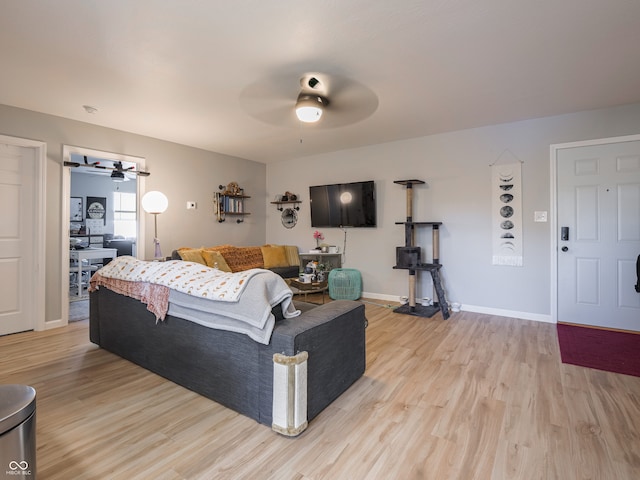 living room with light wood-type flooring and ceiling fan