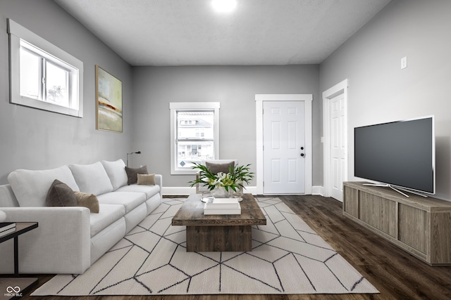 living room featuring a textured ceiling and hardwood / wood-style flooring