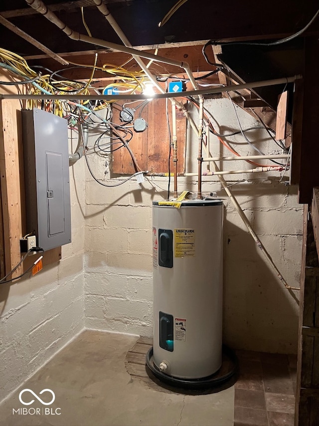 utility room featuring electric panel and water heater