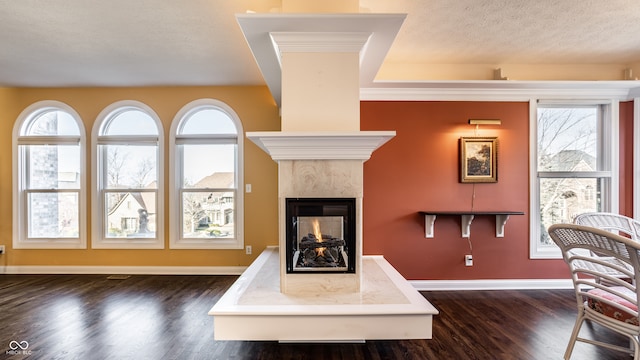 living room featuring a high end fireplace, a textured ceiling, dark hardwood / wood-style flooring, and a healthy amount of sunlight