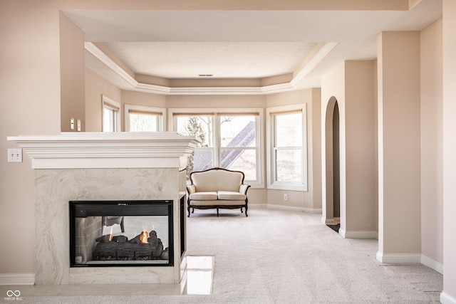 living area with a tray ceiling, light colored carpet, and a premium fireplace