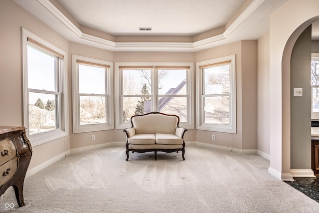 sitting room featuring carpet floors, a textured ceiling, a wealth of natural light, and a tray ceiling