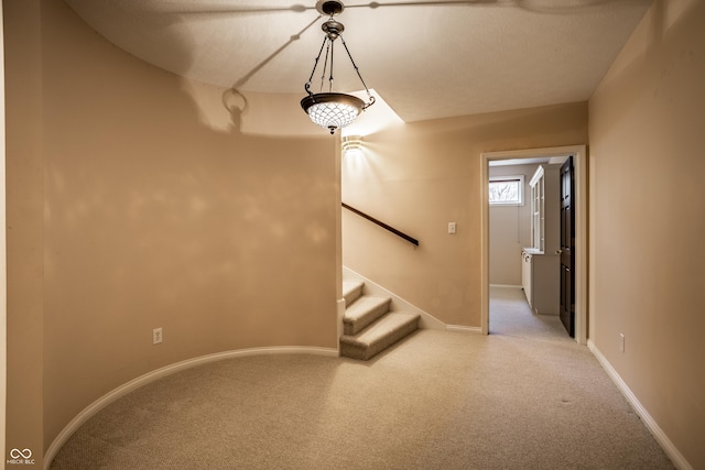 stairway featuring carpet floors and a textured ceiling