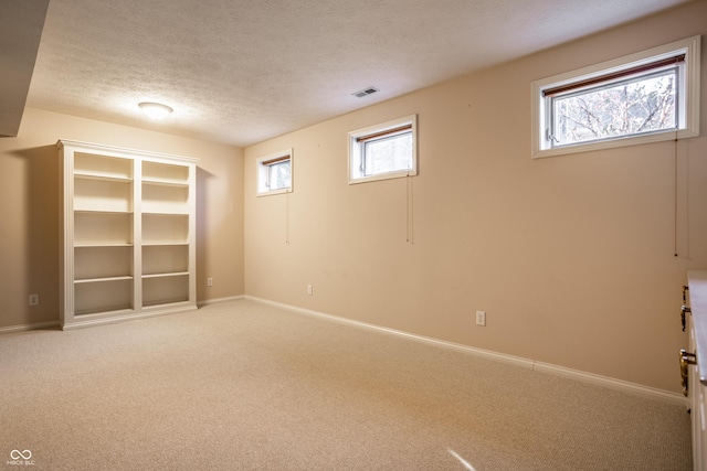 basement featuring carpet and a textured ceiling