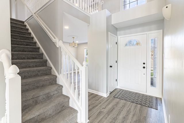 entryway with wood-type flooring and a high ceiling