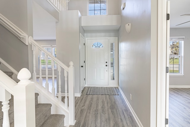 foyer with a towering ceiling and hardwood / wood-style flooring