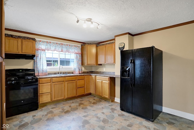 kitchen featuring black appliances, sink, crown molding, and a textured ceiling