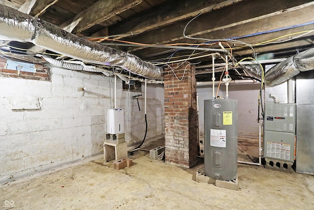 basement with water heater and heating unit