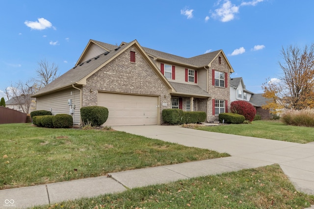 view of front of property with an attached garage, concrete driveway, a front lawn, brick siding, and roof with shingles