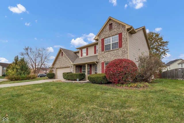 traditional-style home with an attached garage, concrete driveway, and brick siding