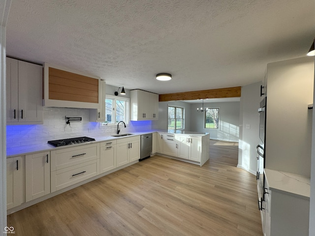 kitchen featuring stainless steel appliances, white cabinets, kitchen peninsula, sink, and light wood-type flooring